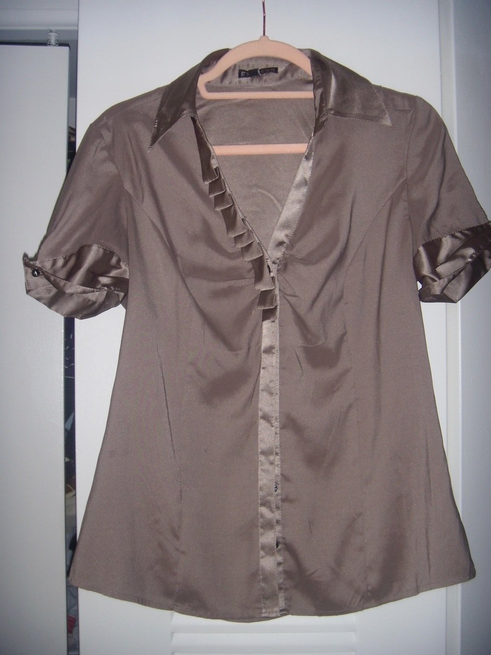 Express Brown Satin-Trim Short Sleeve Button Down